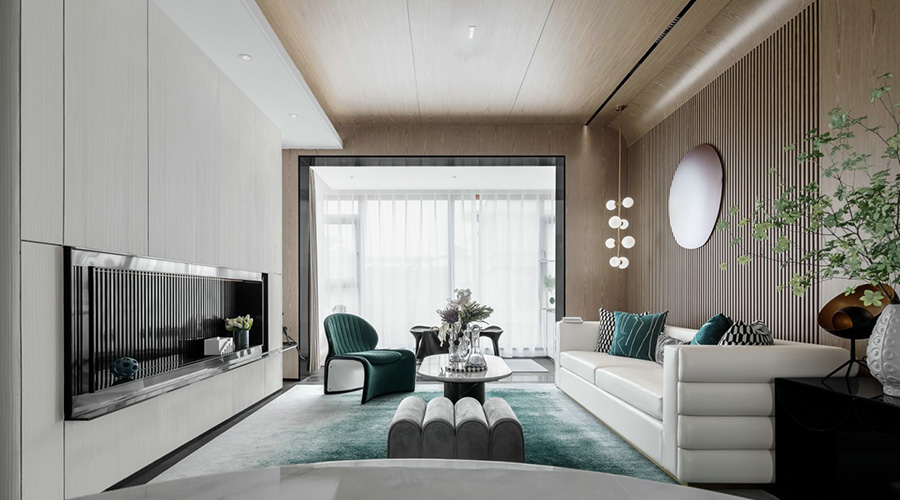 高级青绿色调轻奢雅致客厅装修设计效果图 第1张
