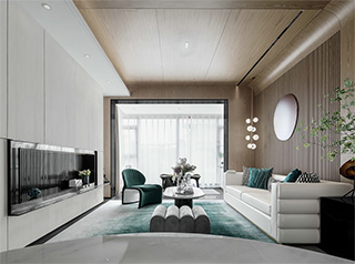 高级青绿色调轻奢雅致客厅装修设计案例